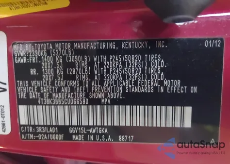 2012 Toyota Venza Xle V6 z USA, uszkodzony, nr VIN 4T3BK3BB5CU066580